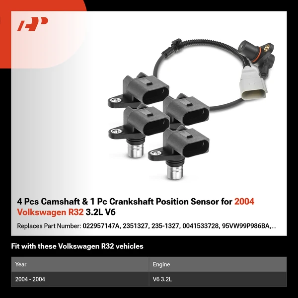 4 Pcs Camshaft & 1 Pc Crankshaft Position Sensor for 2004 Volkswagen R32 3.2L V6