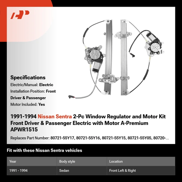 1991-1994 Nissan Sentra 2-Pc Window Regulator and Motor Kit Front Driver & Passenger Electric with Motor A-Premium APWR1515