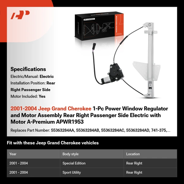 2001-2004 Jeep Grand Cherokee 1-Pc Power Window Regulator and Motor Assembly Rear Right Passenger Side Electric with Motor A-Premium APWR1953