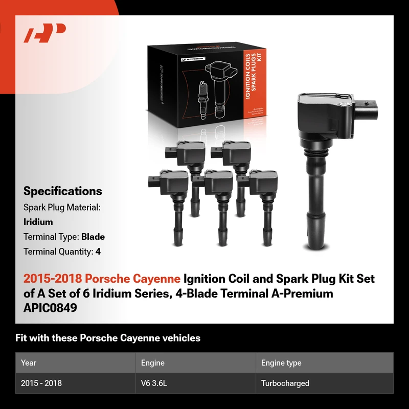 2015-2018 Porsche Cayenne Ignition Coil and Spark Plug Kit Set of A Set of 6 Iridium Series, 4-Blade Terminal A-Premium APIC0849