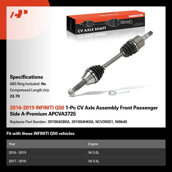 2016-2019 INFINITI Q50 1-Pc CV Axle Assembly Front Passenger Side A-Premium APCVA3725