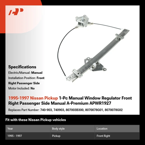 1995-1997 Nissan Pickup 1-Pc Manual Window Regulator Front Right Passenger Side Manual A-Premium APWR1927