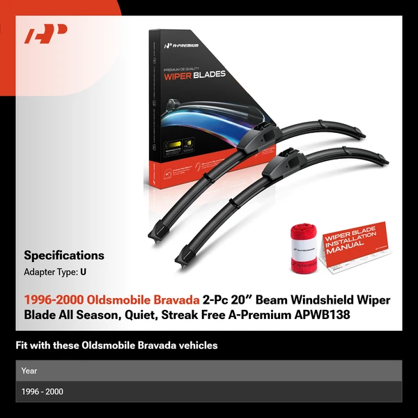1996-2000 Oldsmobile Bravada 2-Pc 20″ Beam Windshield Wiper Blade All Season, Quiet, Streak Free A-Premium APWB138