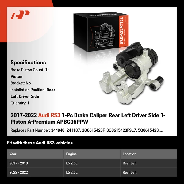 2017-2022 Audi RS3 1-Pc Brake Caliper Rear Left Driver Side 1-Piston A-Premium APBC06PPW