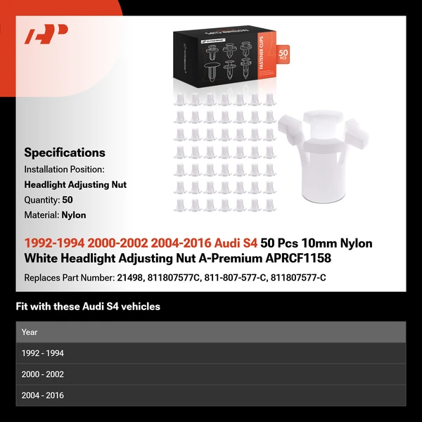 1992-1994 2000-2002 2004-2016 Audi S4 50 Pcs 10mm Nylon White Headlight Adjusting Nut A-Premium APRCF1158