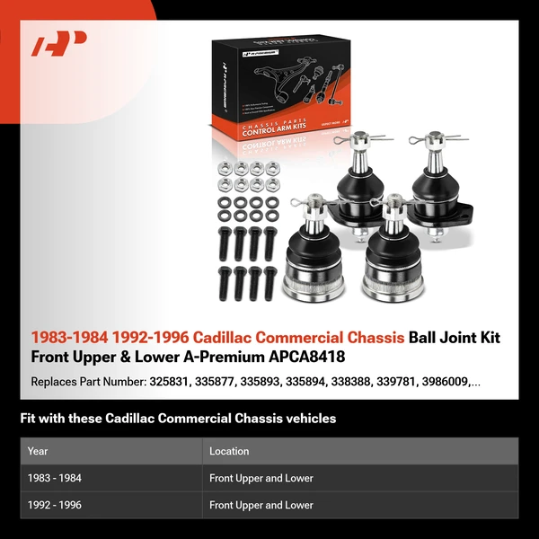 1983-1984 1992-1996 Cadillac Commercial Chassis Ball Joint Kit Front Upper & Lower A-Premium APCA8418
