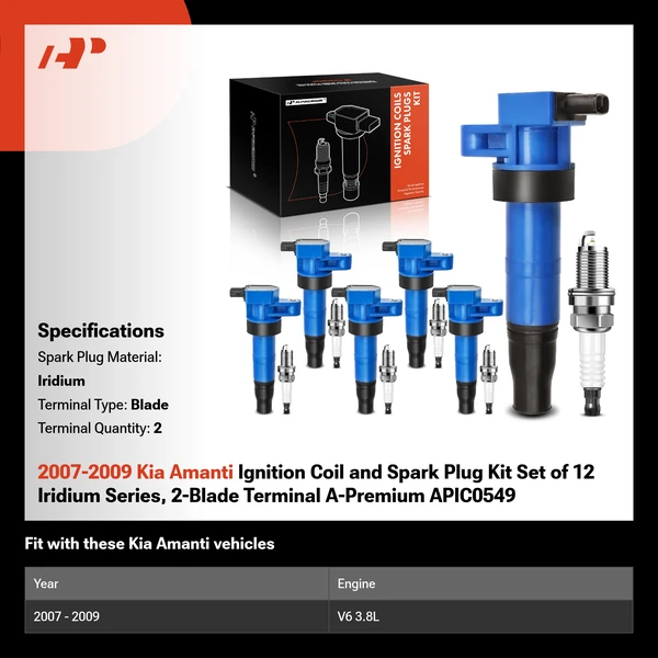 2007-2009 Kia Amanti Ignition Coil and Spark Plug Kit Set of 12 Iridium Series, 2-Blade Terminal A-Premium APIC0549