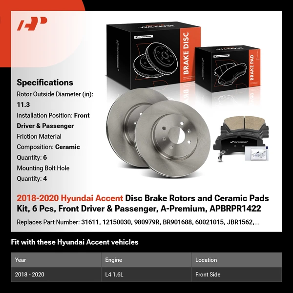2018-2020 Hyundai Accent Disc Brake Rotors and Ceramic Pads Kit, 6 Pcs, Front Driver & Passenger, A-Premium, APBRPR1422