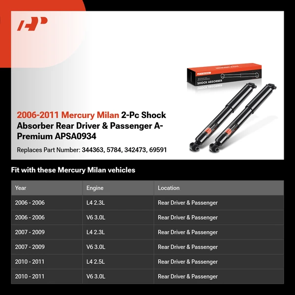 2006-2011 Mercury Milan 2-Pc Shock Absorber Rear Driver & Passenger A-Premium APSA0934