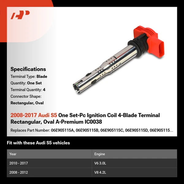 2008-2017 Audi S5 One Set-Pc Ignition Coil 4-Blade Terminal Rectangular, Oval A-Premium IC0038