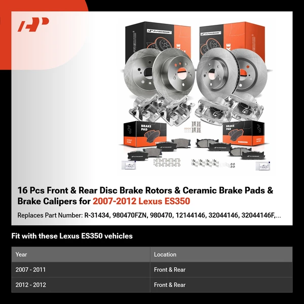 16 Pcs Front & Rear Disc Brake Rotors & Ceramic Brake Pads & Brake Calipers for 2007-2012 Lexus ES350