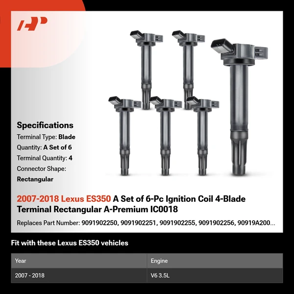 2007-2018 Lexus ES350 A Set of 6-Pc Ignition Coil 4-Blade Terminal Rectangular A-Premium IC0018