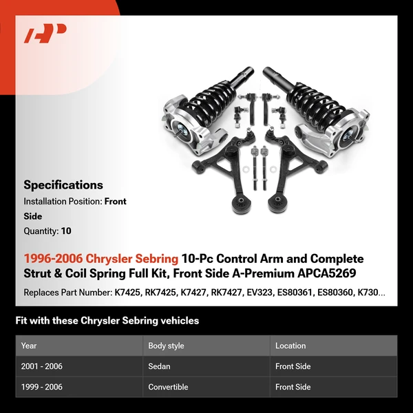 1996-2006 Chrysler Sebring 10-Pc Control Arm and Complete Strut & Coil Spring Full Kit, Front Side A-Premium APCA5269