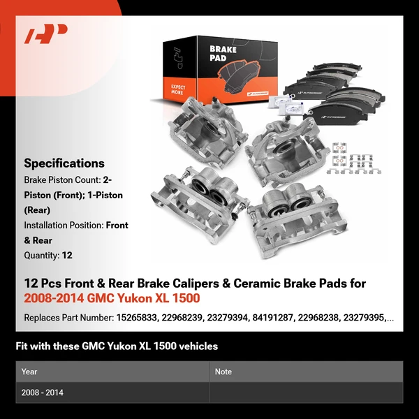 12 Pcs Front & Rear Brake Calipers & Ceramic Brake Pads for 2008-2014 GMC Yukon XL 1500