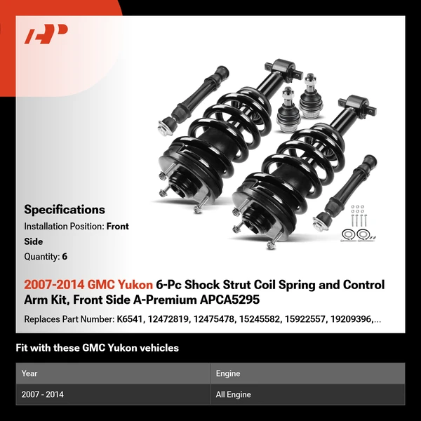 2007-2014 GMC Yukon 6-Pc Shock Strut Coil Spring and Control Arm Kit, Front Side A-Premium APCA5295