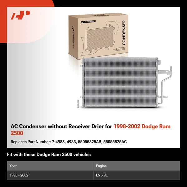 AC Condenser without Receiver Drier for 1998-2002 Dodge Ram 2500