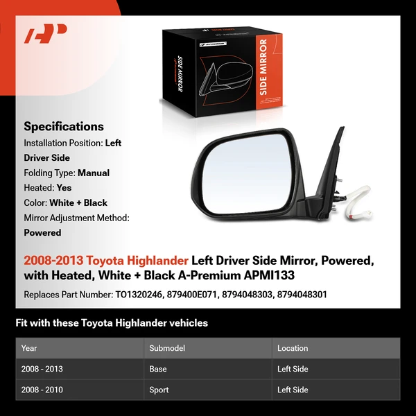 2008-2013 Toyota Highlander Left Driver Side Mirror, Powered, with Heated, White + Black A-Premium APMI133