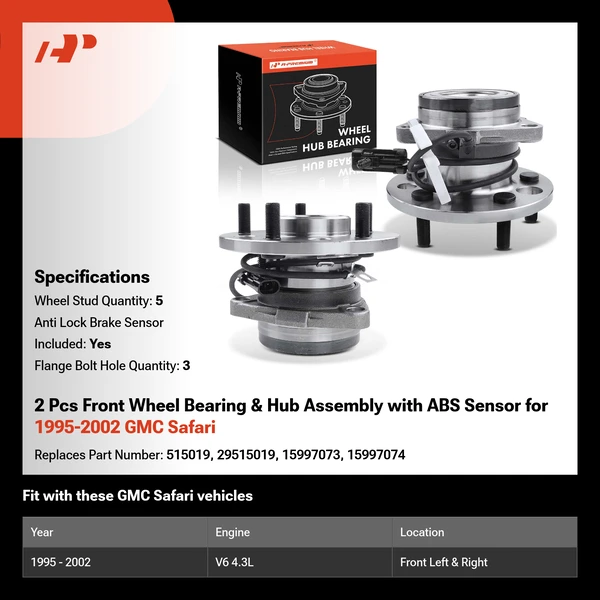 2 Pcs Front Wheel Bearing & Hub Assembly with ABS Sensor for 1995-2002 GMC Safari