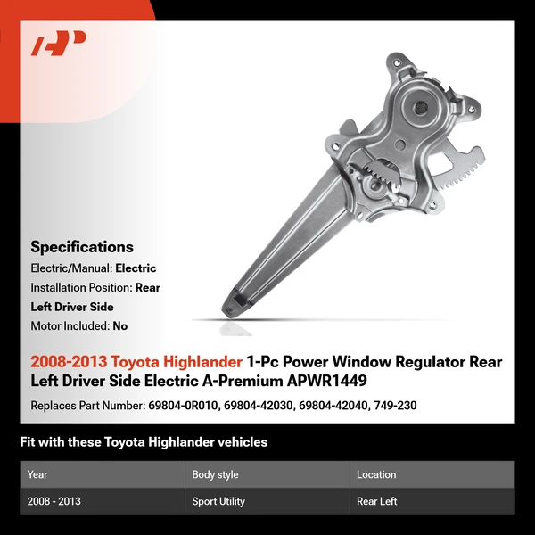 2008-2013 Toyota Highlander 1-Pc Power Window Regulator Rear Left Driver Side Electric A-Premium APWR1449