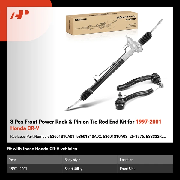 3 Pcs Front Power Rack & Pinion Tie Rod End Kit for 1997-2001 Honda CR-V