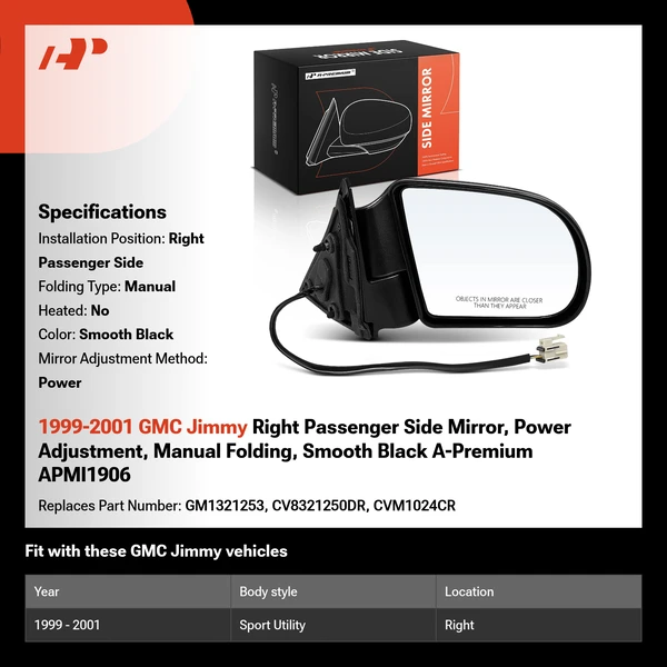 1999-2001 GMC Jimmy Right Passenger Side Mirror, Power Adjustment, Manual Folding, Smooth Black A-Premium APMI1906