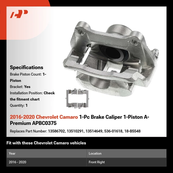 2016-2020 Chevrolet Camaro 1-Pc Brake Caliper 1-Piston A-Premium APBC0375