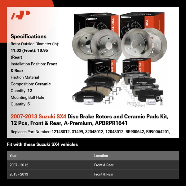 2007-2013 Suzuki SX4 Disc Brake Rotors and Ceramic Pads Kit, 12 Pcs, Front & Rear, A-Premium, APBRPR1641