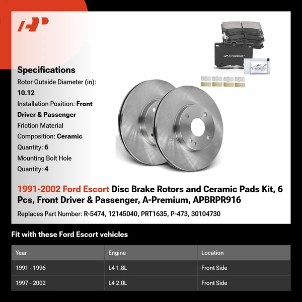 1991-2002 Ford Escort Disc Brake Rotors and Ceramic Pads Kit, 6 Pcs, Front Driver & Passenger, A-Premium, APBRPR916