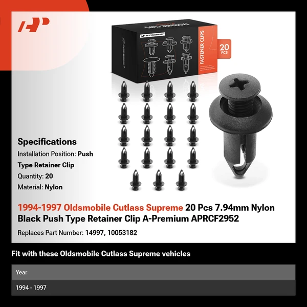 1994-1997 Oldsmobile Cutlass Supreme 20 Pcs 7.94mm Nylon Black Push Type Retainer Clip A-Premium APRCF2952