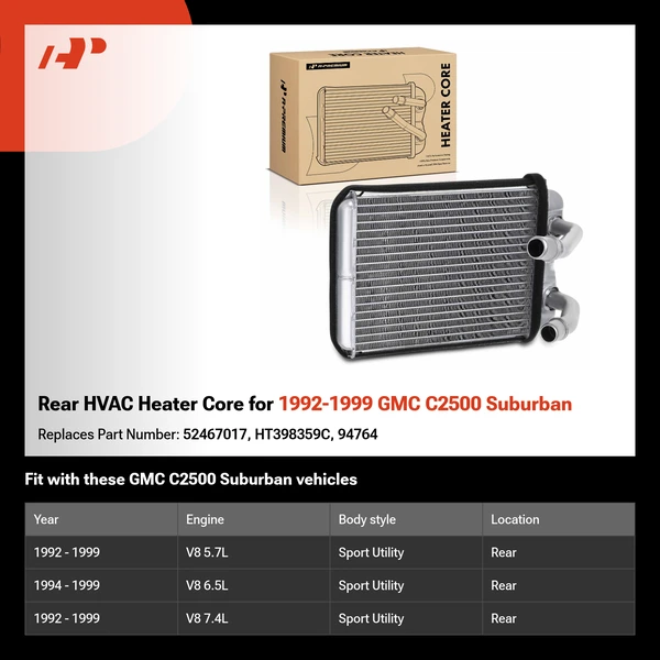 Rear HVAC Heater Core for 1992-1999 GMC C2500 Suburban