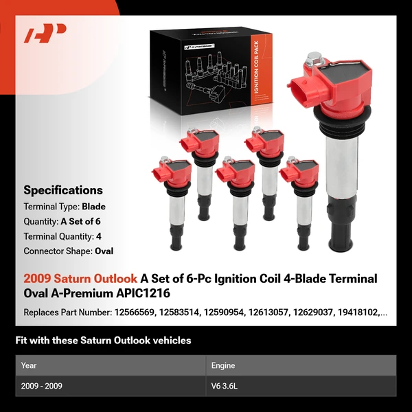 2009 Saturn Outlook A Set of 6-Pc Ignition Coil 4-Blade Terminal Oval A-Premium APIC1216