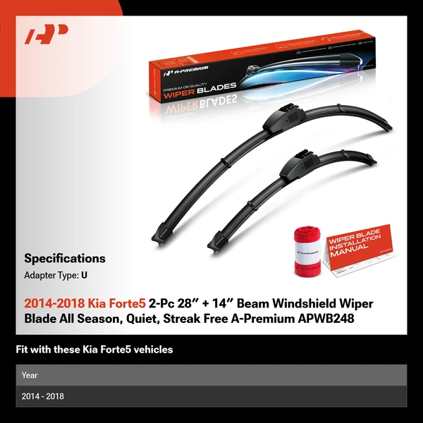 2014-2018 Kia Forte5 2-Pc 28″ + 14″ Beam Windshield Wiper Blade All Season, Quiet, Streak Free A-Premium APWB248