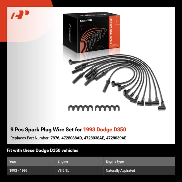 9 Pcs Spark Plug Wire Set for 1993 Dodge D350