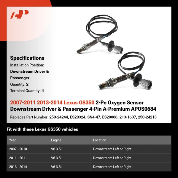 2007-2011 2013-2014 Lexus GS350 2-Pc Oxygen Sensor Downstream Driver & Passenger 4-Pin A-Premium APOS0684