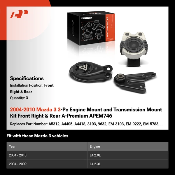 2004-2010 Mazda 3 3-Pc Engine Mount and Transmission Mount Kit Front Right & Rear A-Premium APEM746