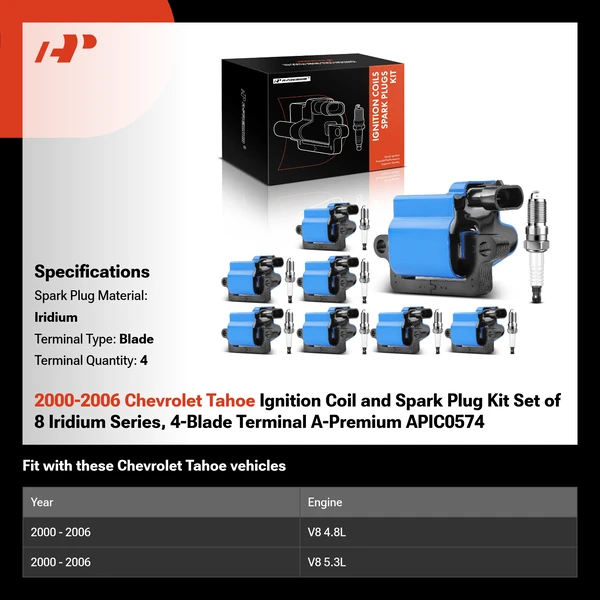 2000-2006 Chevrolet Tahoe Ignition Coil and Spark Plug Kit Set of 8 Iridium Series, 4-Blade Terminal A-Premium APIC0574