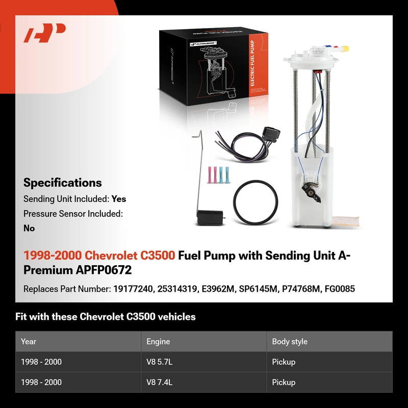 1998-2000 Chevrolet C3500 Fuel Pump with Sending Unit A-Premium APFP0672