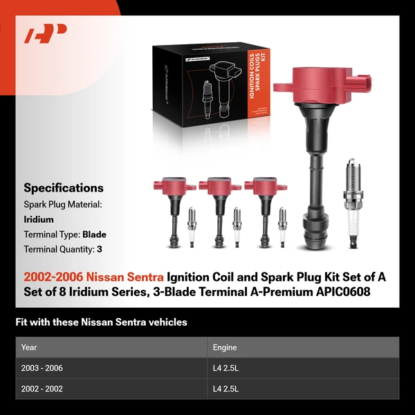 2002-2006 Nissan Sentra Ignition Coil and Spark Plug Kit Set of A Set of 8 Iridium Series, 3-Blade Terminal A-Premium APIC0608