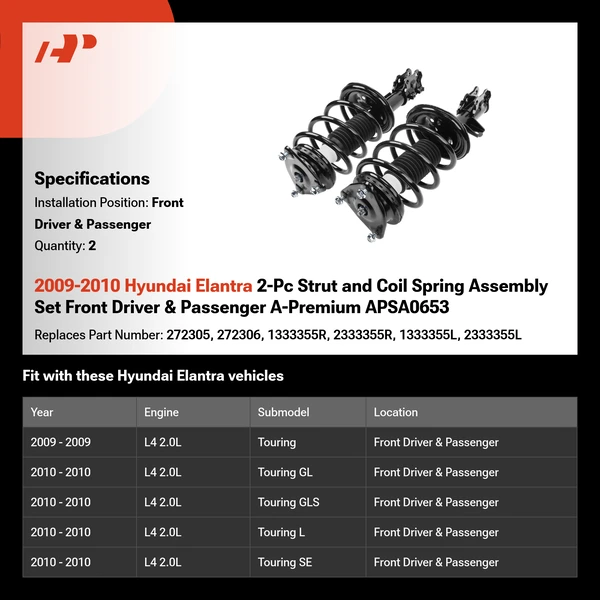 2009-2010 Hyundai Elantra 2-Pc Strut and Coil Spring Assembly Set Front Driver & Passenger A-Premium APSA0653