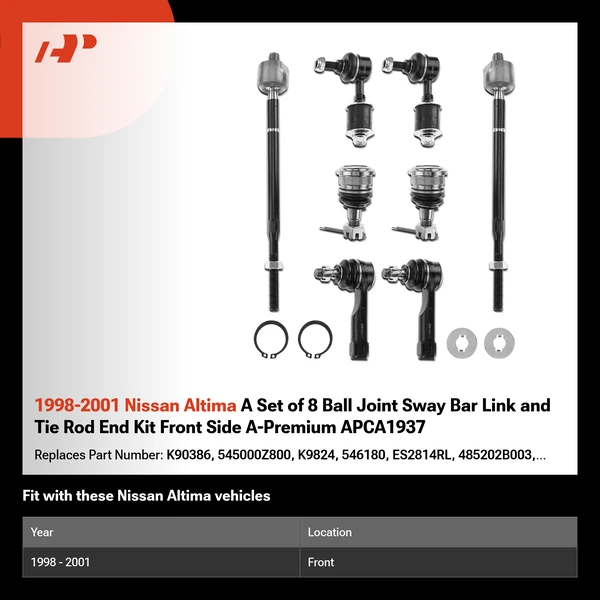 1998-2001 Nissan Altima A Set of 8 Ball Joint Sway Bar Link and Tie Rod End Kit Front Side A-Premium APCA1937