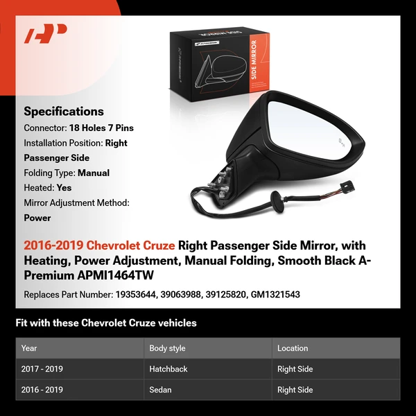 2016-2019 Chevrolet Cruze Right Passenger Side Mirror, with Heating, Power Adjustment, Manual Folding, Smooth Black A-Premium APMI1464TW