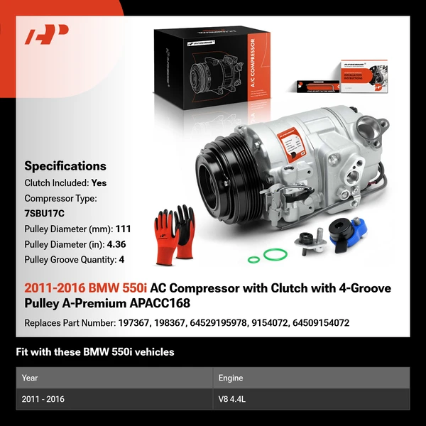 2011-2016 BMW 550i AC Compressor with Clutch with 4-Groove Pulley A-Premium APACC168