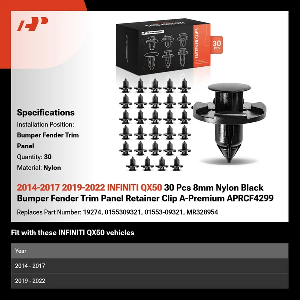 2014-2017 2019-2022 INFINITI QX50 30 Pcs 8mm Nylon Black Bumper Fender Trim Panel A-Premium APRCF4299