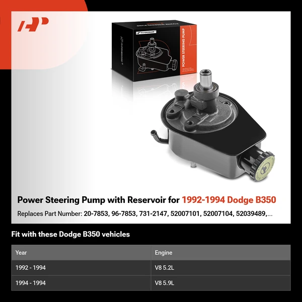 Power Steering Pump with Reservoir for 1992-1994 Dodge B350