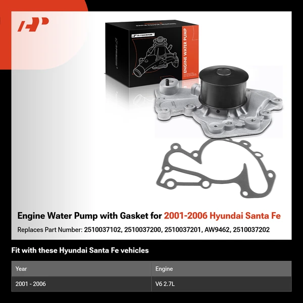 Engine Water Pump with Gasket for 2001-2006 Hyundai Santa Fe