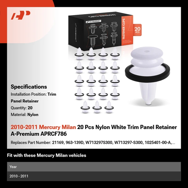 2010-2011 Mercury Milan 20 Pcs Nylon White Trim Panel Retainer A-Premium APRCF786