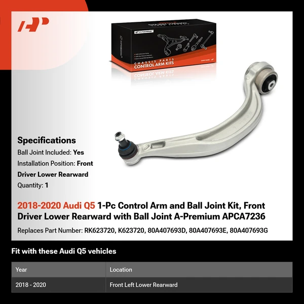 2018-2020 Audi Q5 1-Pc Control Arm and Ball Joint Kit, Front Driver Lower Rearward with Ball Joint A-Premium APCA7236