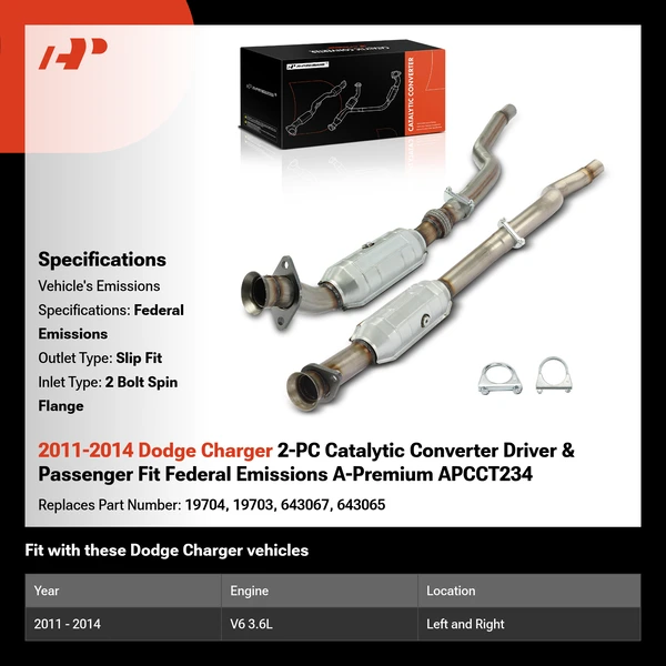 2011-2014 Dodge Charger 2-PC Catalytic Converter Driver & Passenger Fit Federal Emissions A-Premium APCCT234