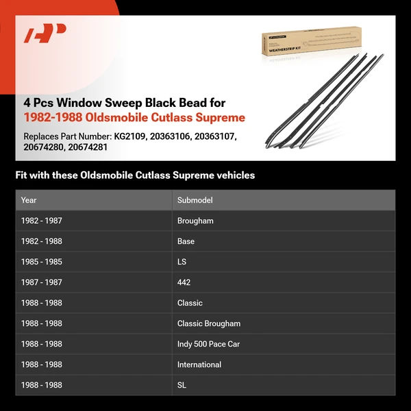 4 Pcs Window Sweep Black Bead for 1982-1988 Oldsmobile Cutlass Supreme