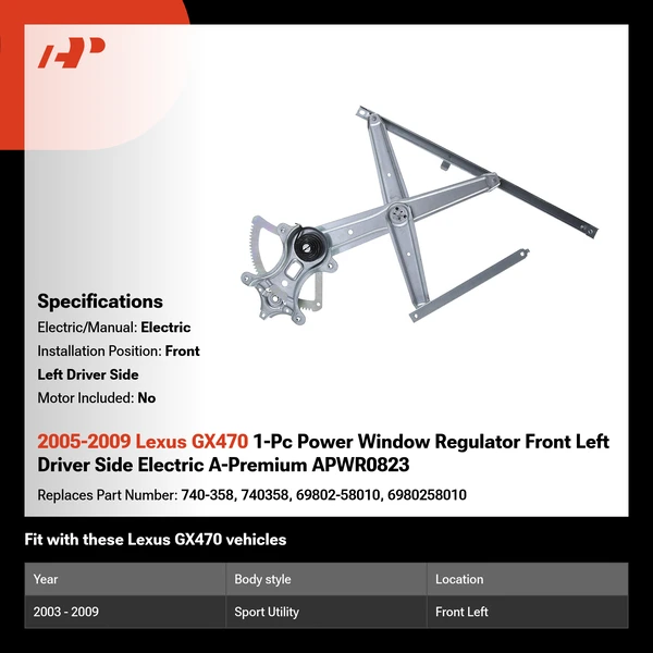 2005-2009 Lexus GX470 1-Pc Power Window Regulator Front Left Driver Side Electric A-Premium APWR0823